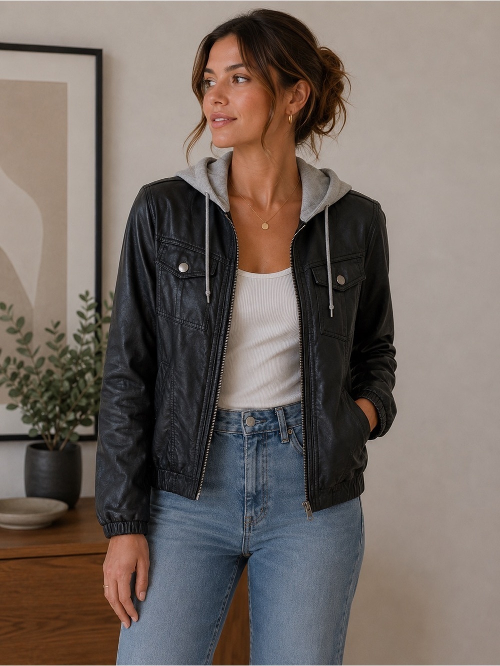 Volcom Black Faux Leather Jacket with Gray Accents Size XS Moto Streetwear